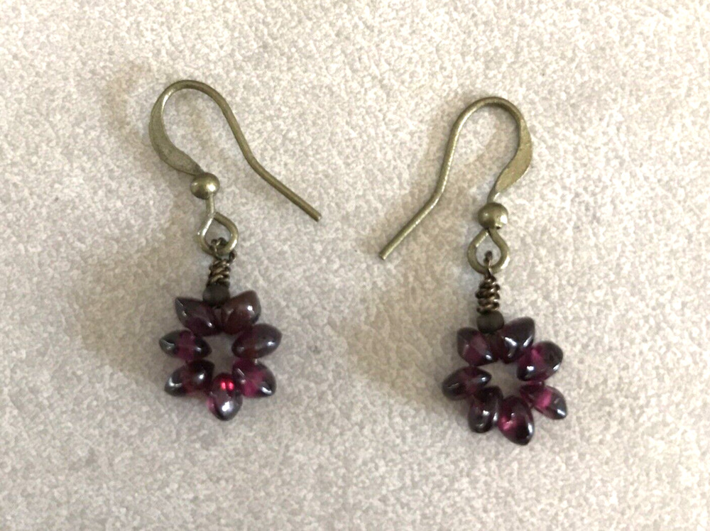 Vintage Purple Red Amethyst Glass Beaded Floral Dangle Drop Petite Earrings